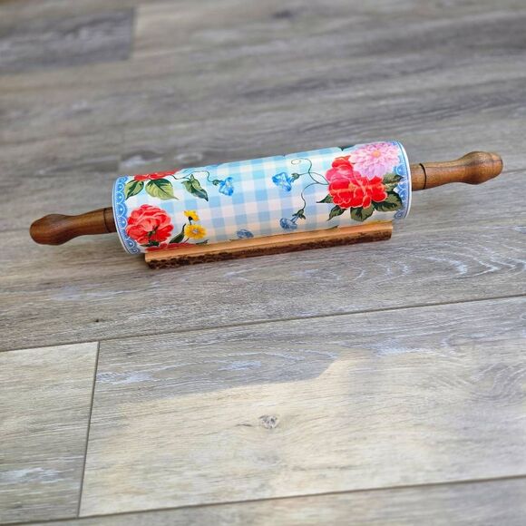 The Pioneer Woman Sweet Rose Ceramic Rolling Pin blue white check w/ floral rare - Picture 2 of 12